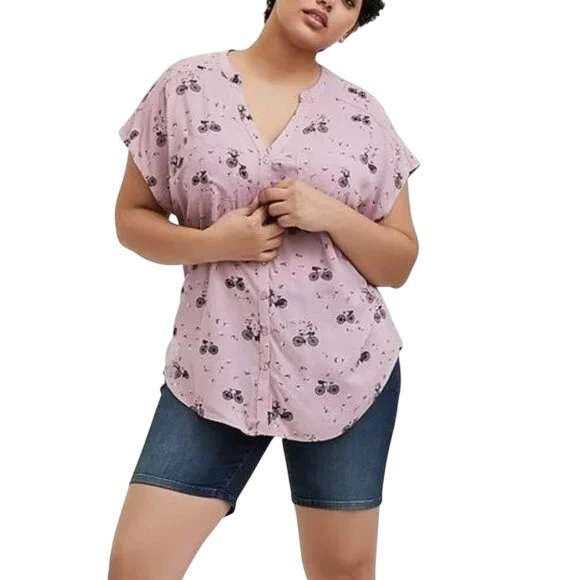 torrid Tops - Torrid plus‎ 2X bicycle purple blouse button up casual relaxed short sleeve